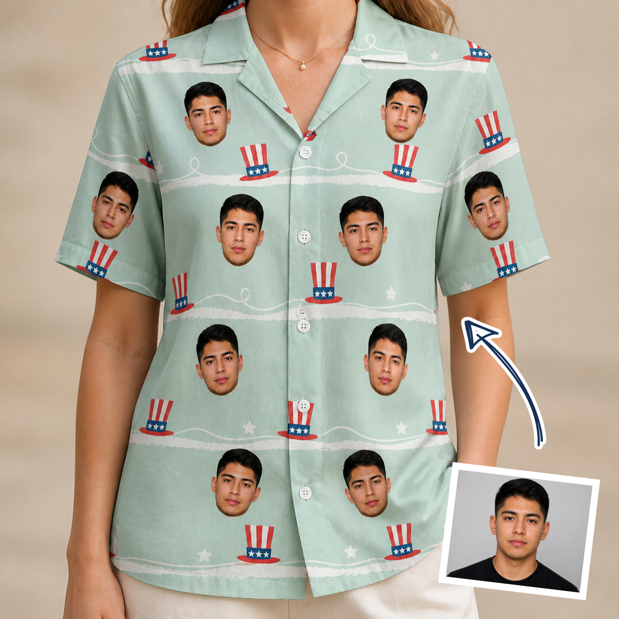 Woman wearing Women's Sam's Sparkle Custom Face Hawaiian Shirt — custom faces printed all-over