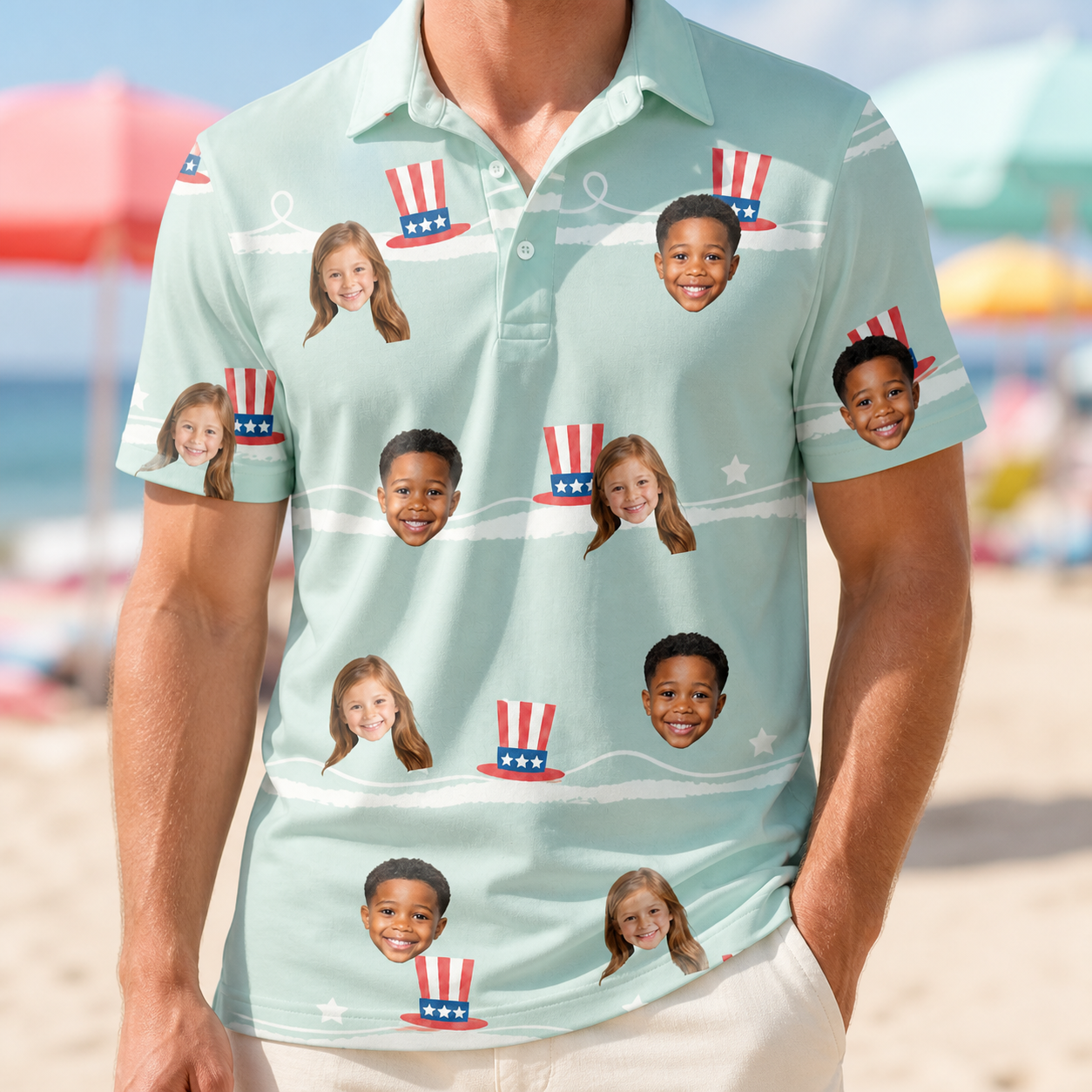 Model wearing Men's Sam's Sparkle Custom Face Polo Shirt printed with kids' faces