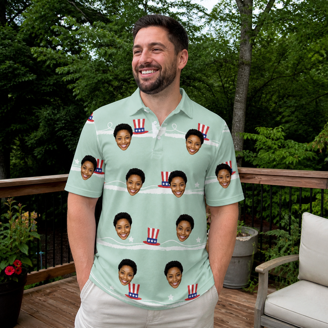 Real-life photo of someone wearing Men's Sam's Sparkle Custom Face Polo Shirt — custom faces printed all-over