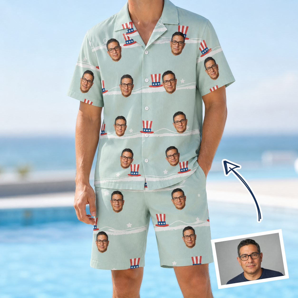 Man wearing Men's Sam's Sparkle Custom Face Shirt & Shorts Set — custom faces printed all-over