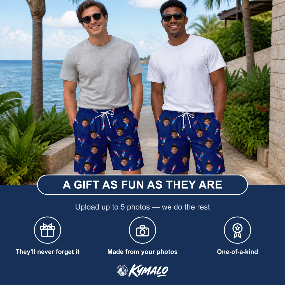 Friends in matching Men's Founding Flares Custom Face Beach Shorts — a group gift photo