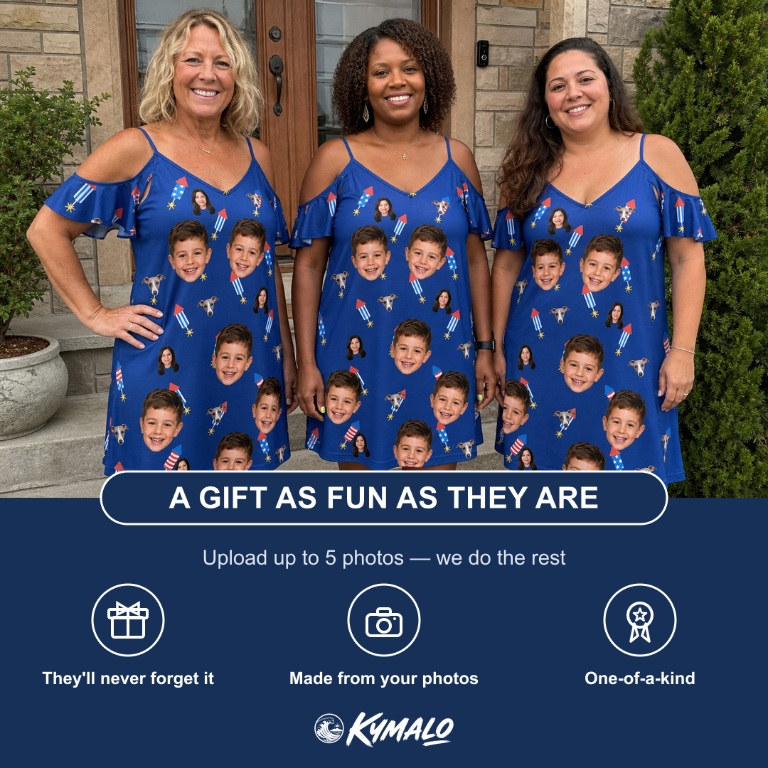 Friends in matching Women's Founding Flares Custom Face Off-Shoulder Dress — a group gift photo