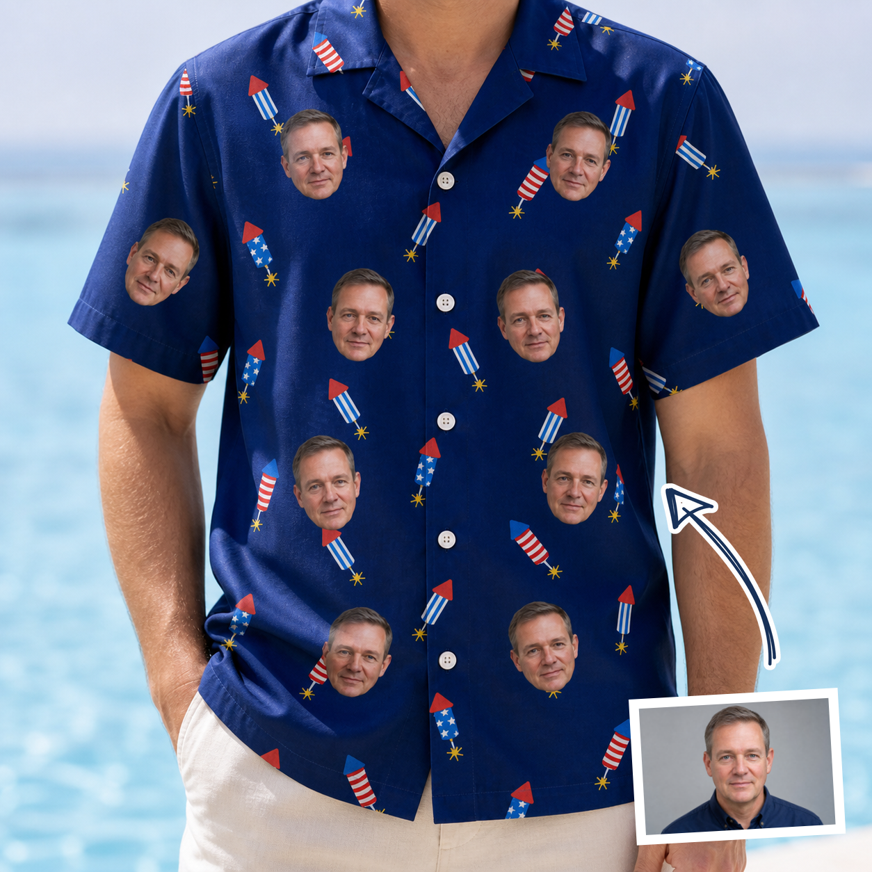 Man wearing Men's Founding Flares Custom Face Hawaiian Shirt — custom faces printed all-over