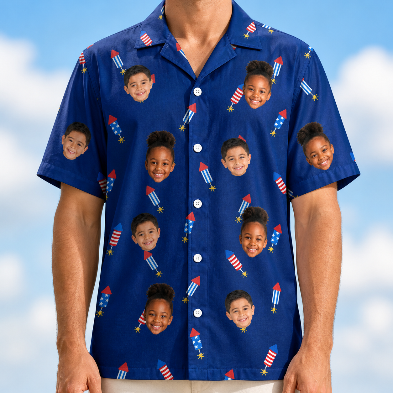 Model wearing Men's Founding Flares Custom Face Hawaiian Shirt printed with kids' faces