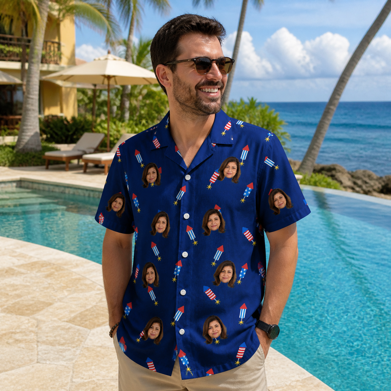 Real-life photo of someone wearing Men's Founding Flares Custom Face Hawaiian Shirt — custom faces printed all-over