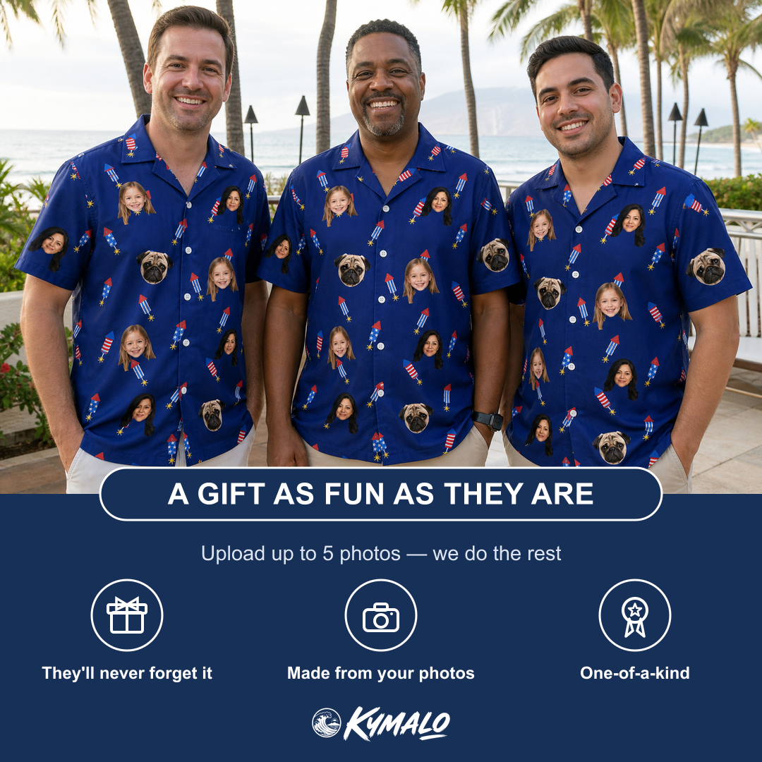 Friends in matching Men's Founding Flares Custom Face Hawaiian Shirt — a group gift photo