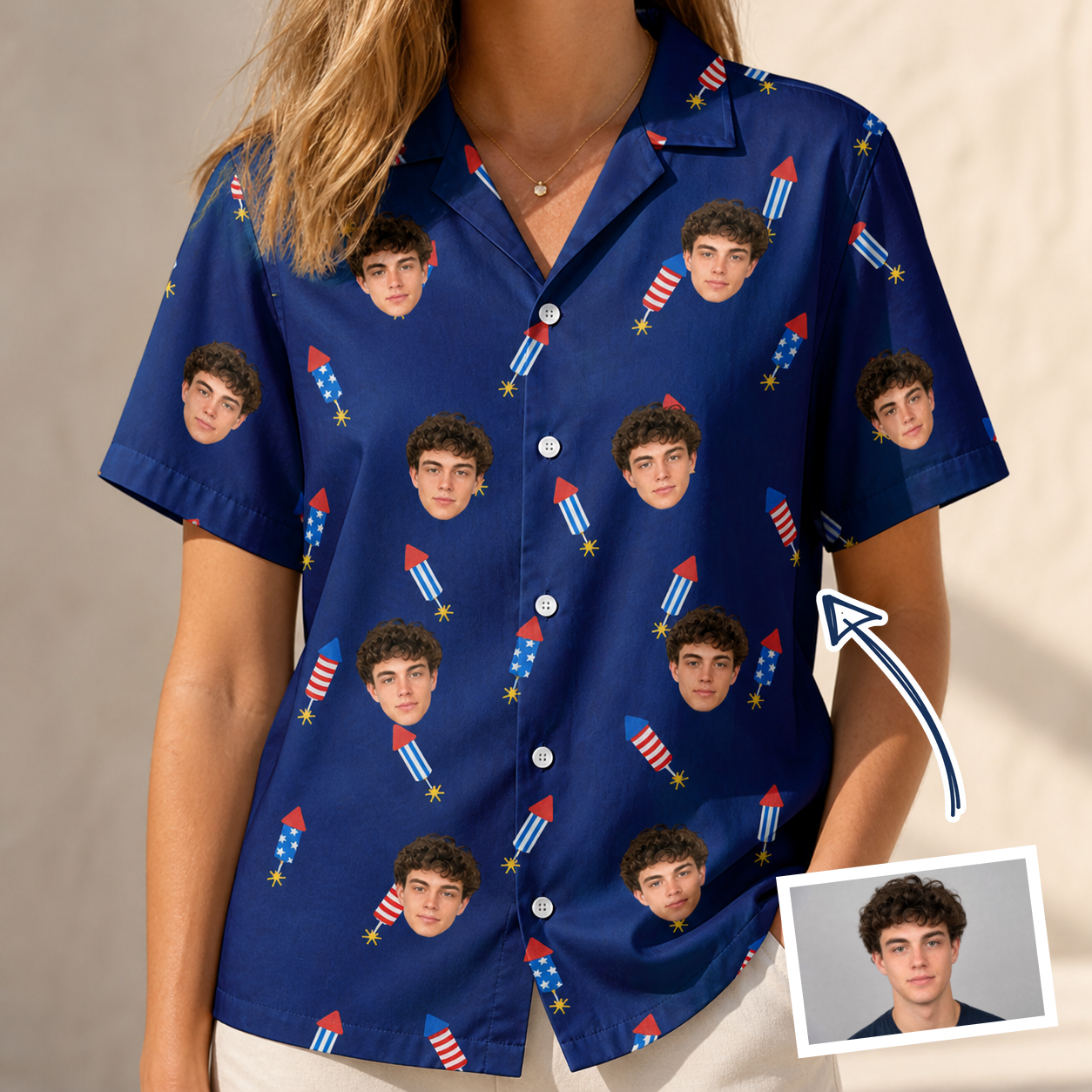 Woman wearing Women's Founding Flares Custom Face Hawaiian Shirt — custom faces printed all-over