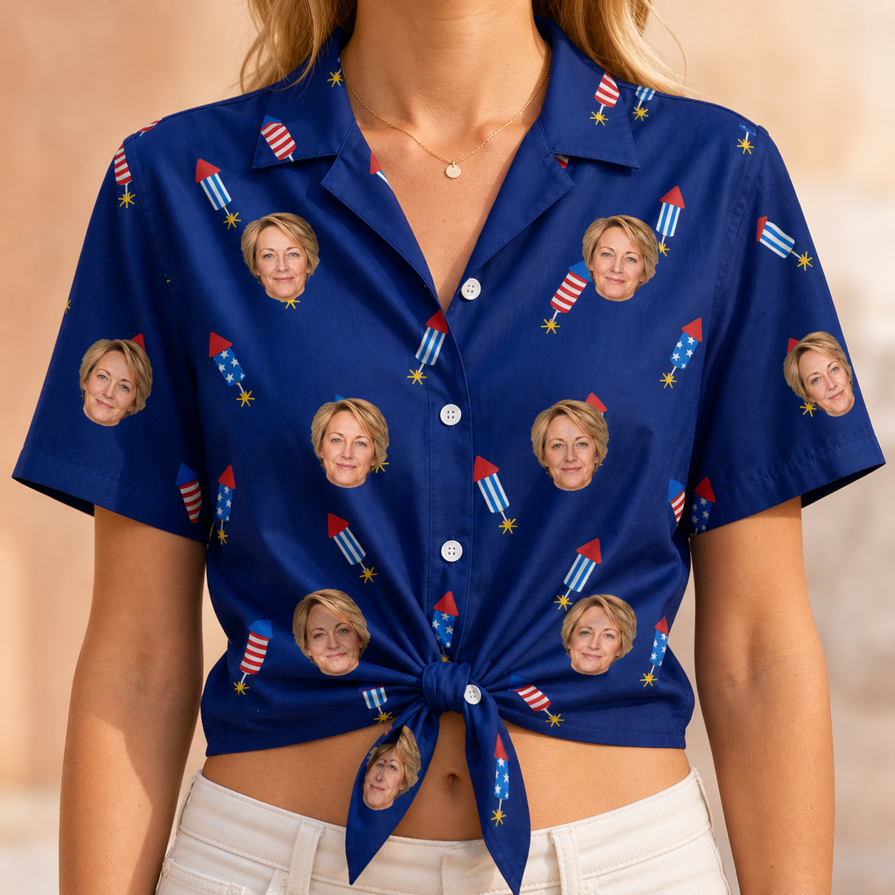 Woman wearing Women's Founding Flares Custom Face Hawaiian Shirt tied at the waist