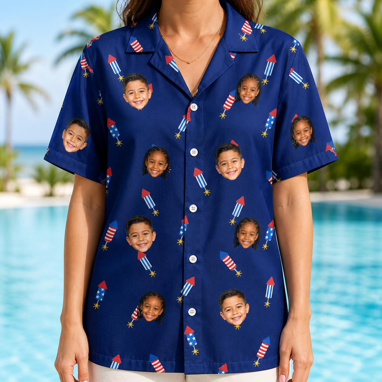 Model wearing Women's Founding Flares Custom Face Hawaiian Shirt printed with kids' faces