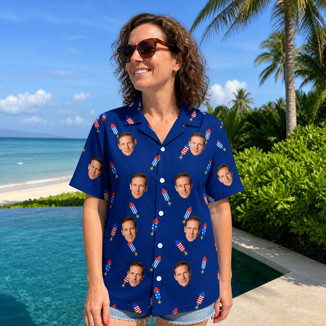 Real-life photo of someone wearing Women's Founding Flares Custom Face Hawaiian Shirt — custom faces printed all-over