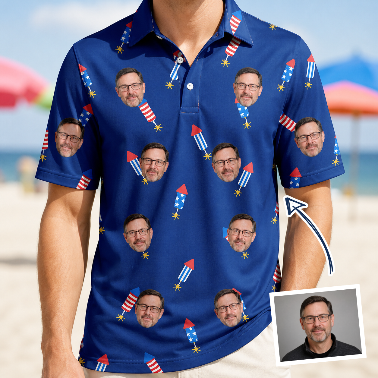 Man wearing Men's Founding Flares Custom Face Polo Shirt — custom faces printed all-over