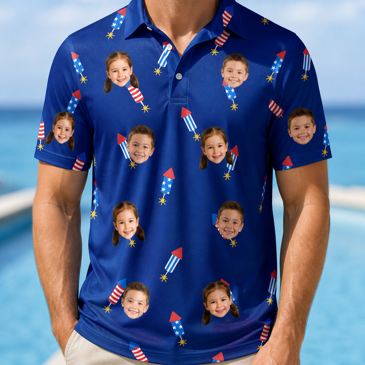 Model wearing Men's Founding Flares Custom Face Polo Shirt printed with kids' faces