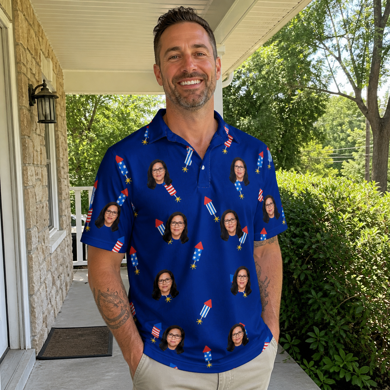 Real-life photo of someone wearing Men's Founding Flares Custom Face Polo Shirt — custom faces printed all-over
