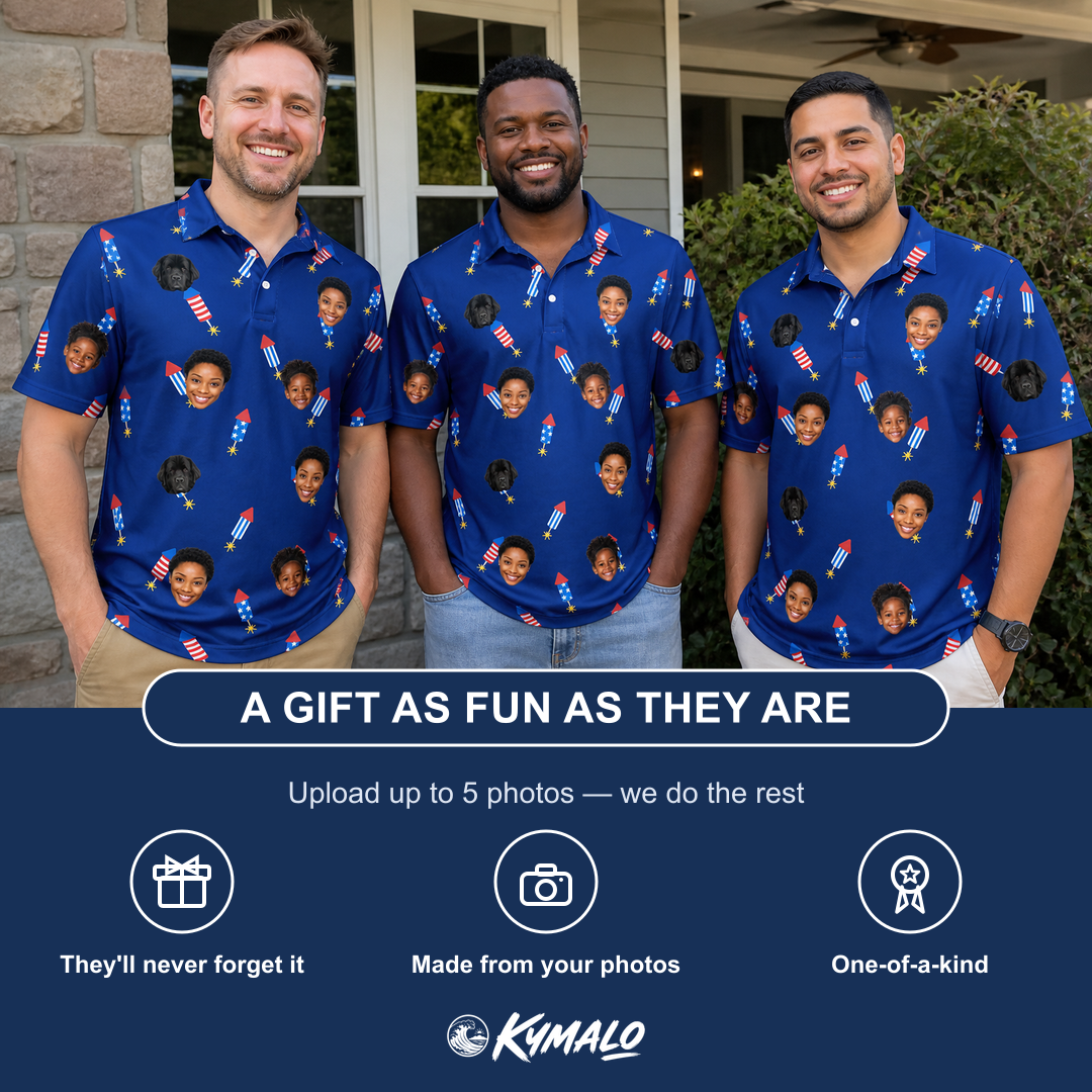 Friends in matching Men's Founding Flares Custom Face Polo Shirt — a group gift photo