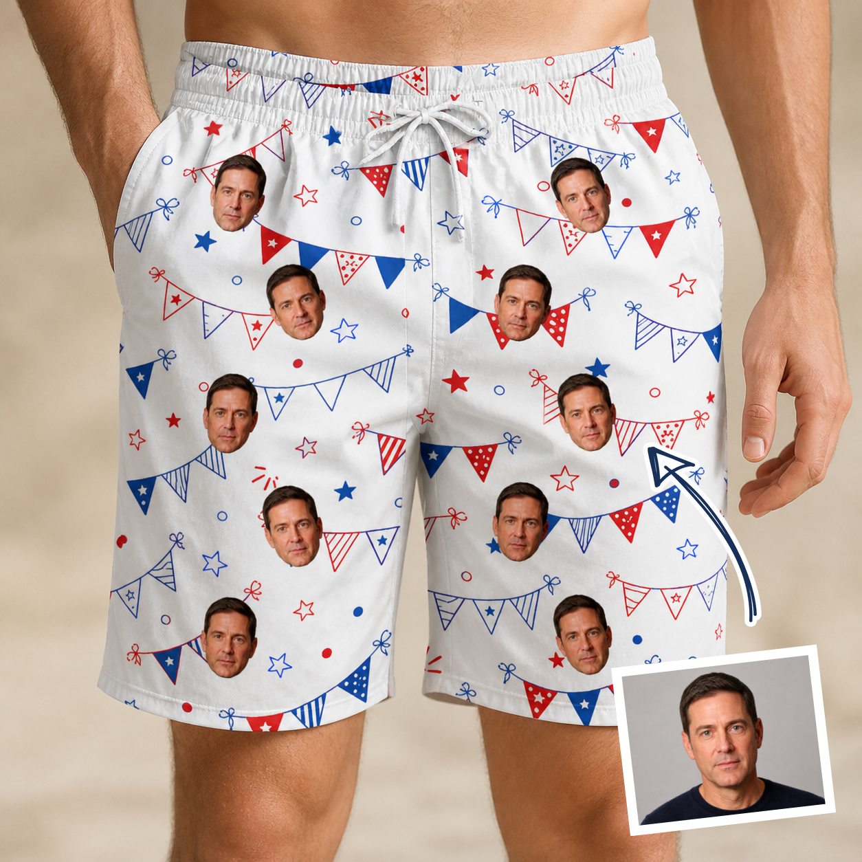 Man wearing Men's Civic Colors Custom Face Beach Shorts — custom faces printed all-over