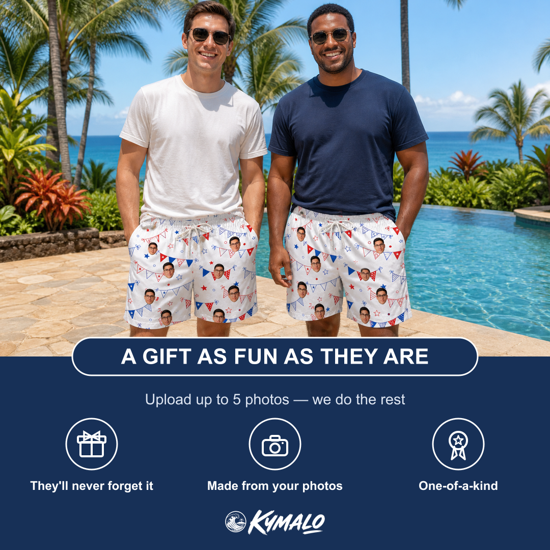 Friends in matching Men's Civic Colors Custom Face Beach Shorts — a group gift photo