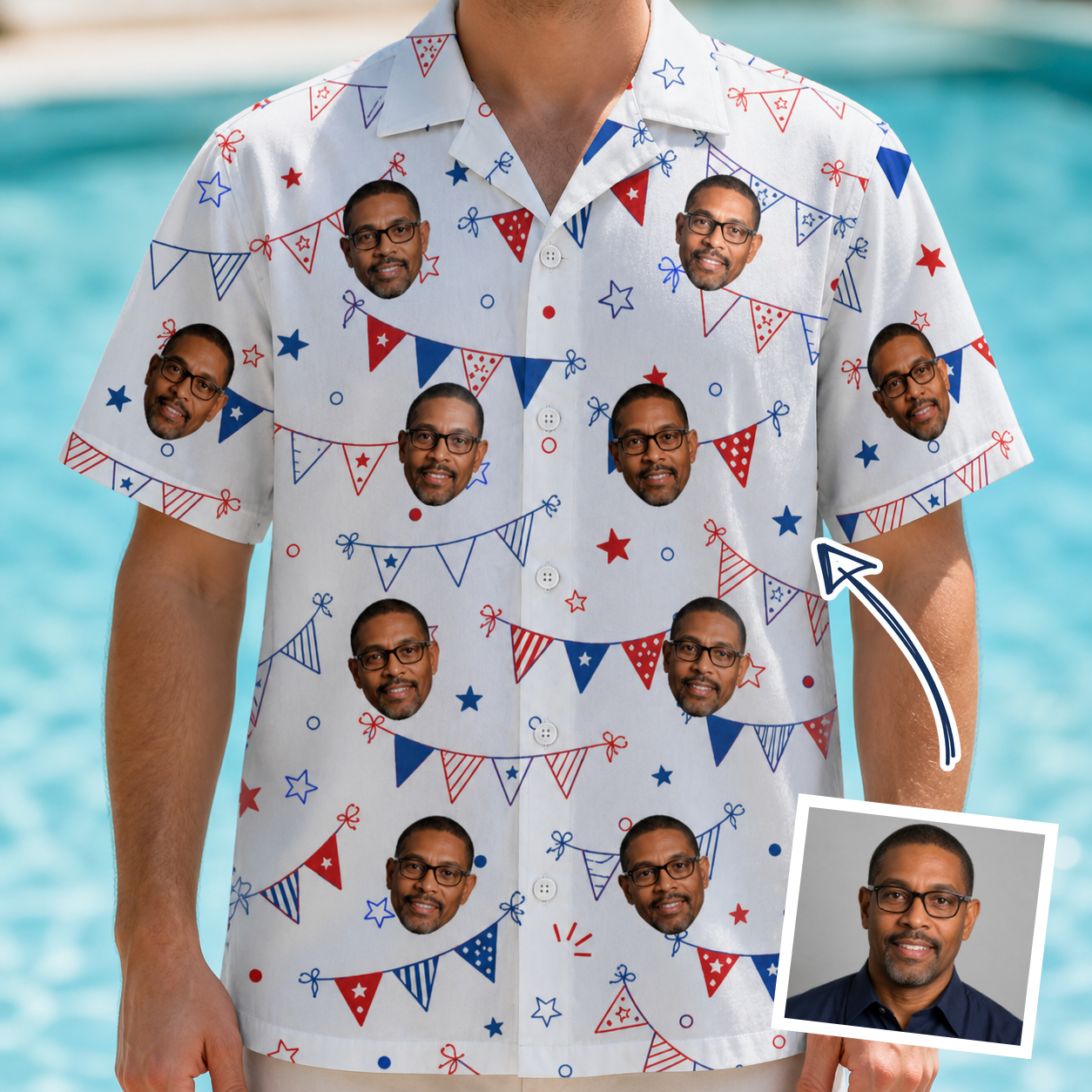 Man wearing Men's Civic Colors Custom Face Hawaiian Shirt — custom faces printed all-over