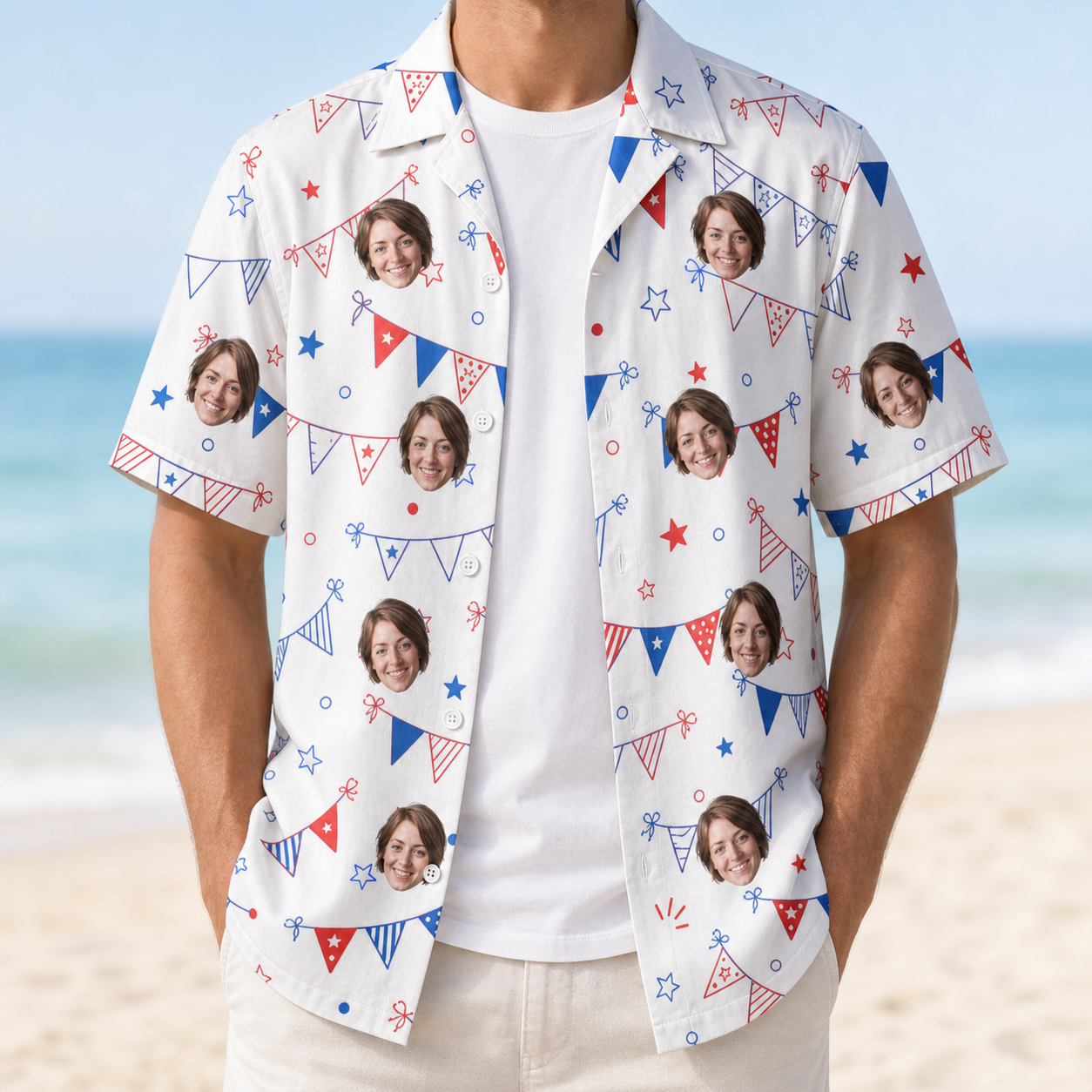 Man wearing Men's Civic Colors Custom Face Hawaiian Shirt open over a white tee