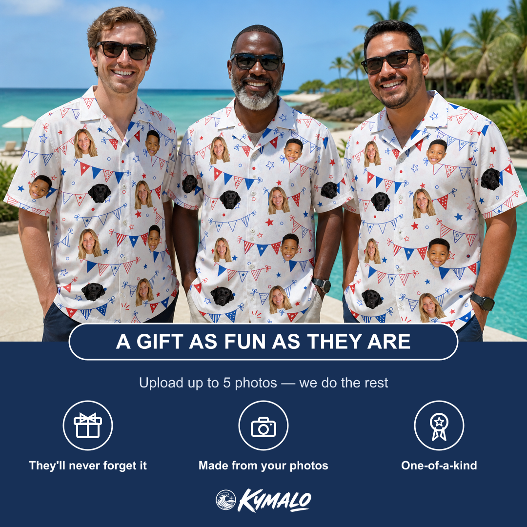 Friends in matching Men's Civic Colors Custom Face Hawaiian Shirt — a group gift photo