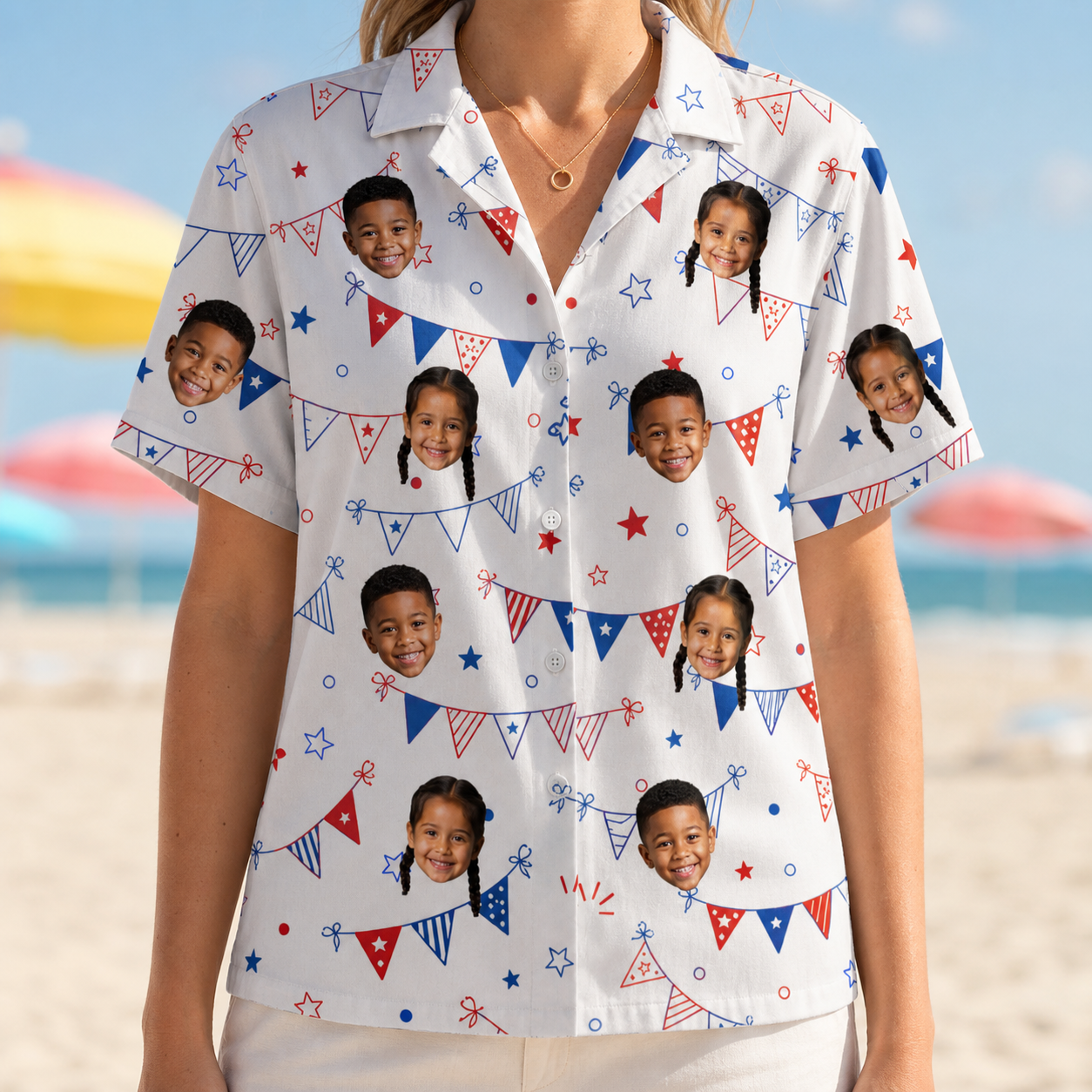 Model wearing Women's Civic Colors Custom Face Hawaiian Shirt printed with kids' faces