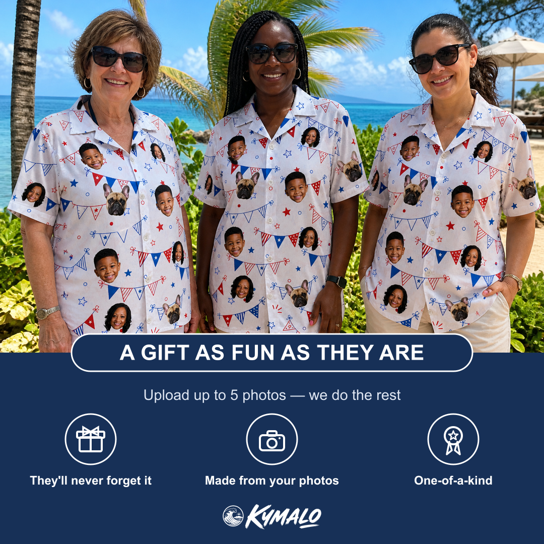 Friends in matching Women's Civic Colors Custom Face Hawaiian Shirt — a group gift photo