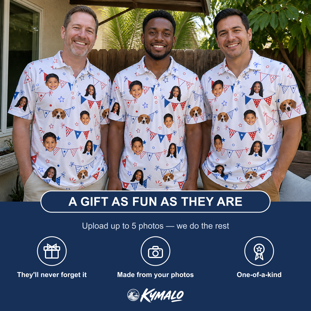 Friends in matching Men's Civic Colors Custom Face Polo Shirt — a group gift photo