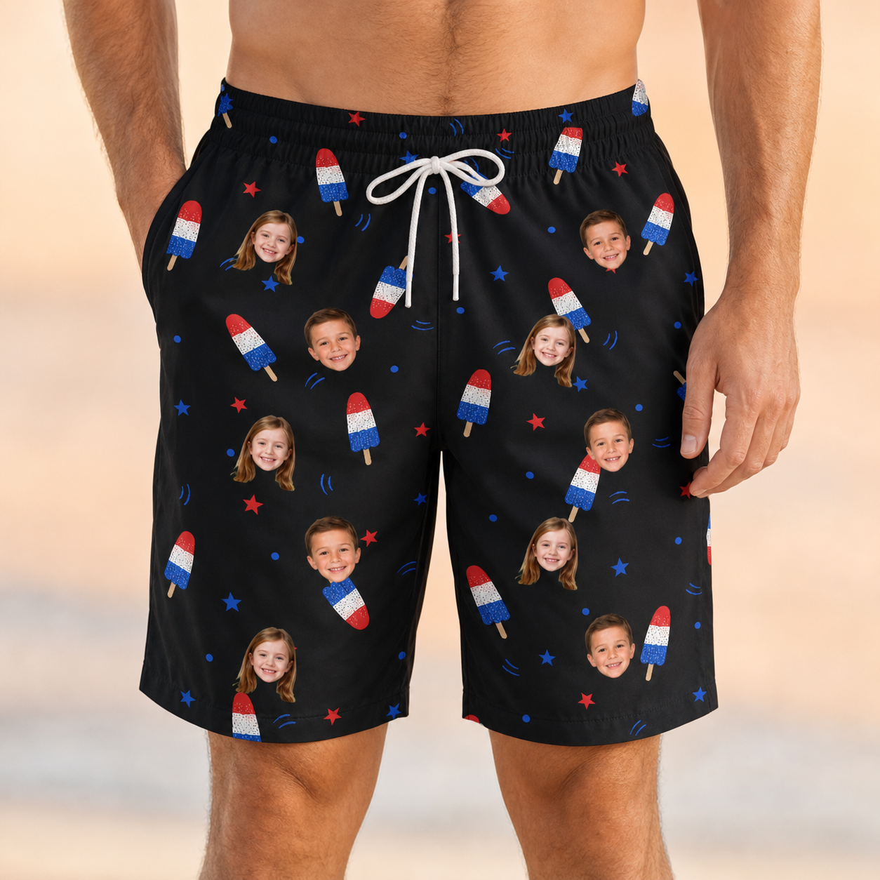 Model wearing Men's Starsicle Swirl Custom Face Beach Shorts printed with kids' faces