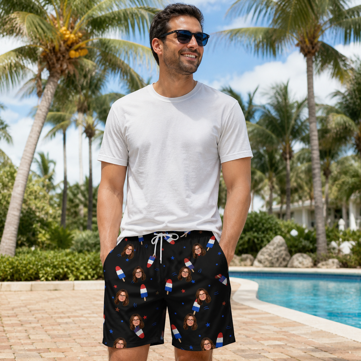 Real-life photo of someone wearing Men's Starsicle Swirl Custom Face Beach Shorts — custom faces printed all-over