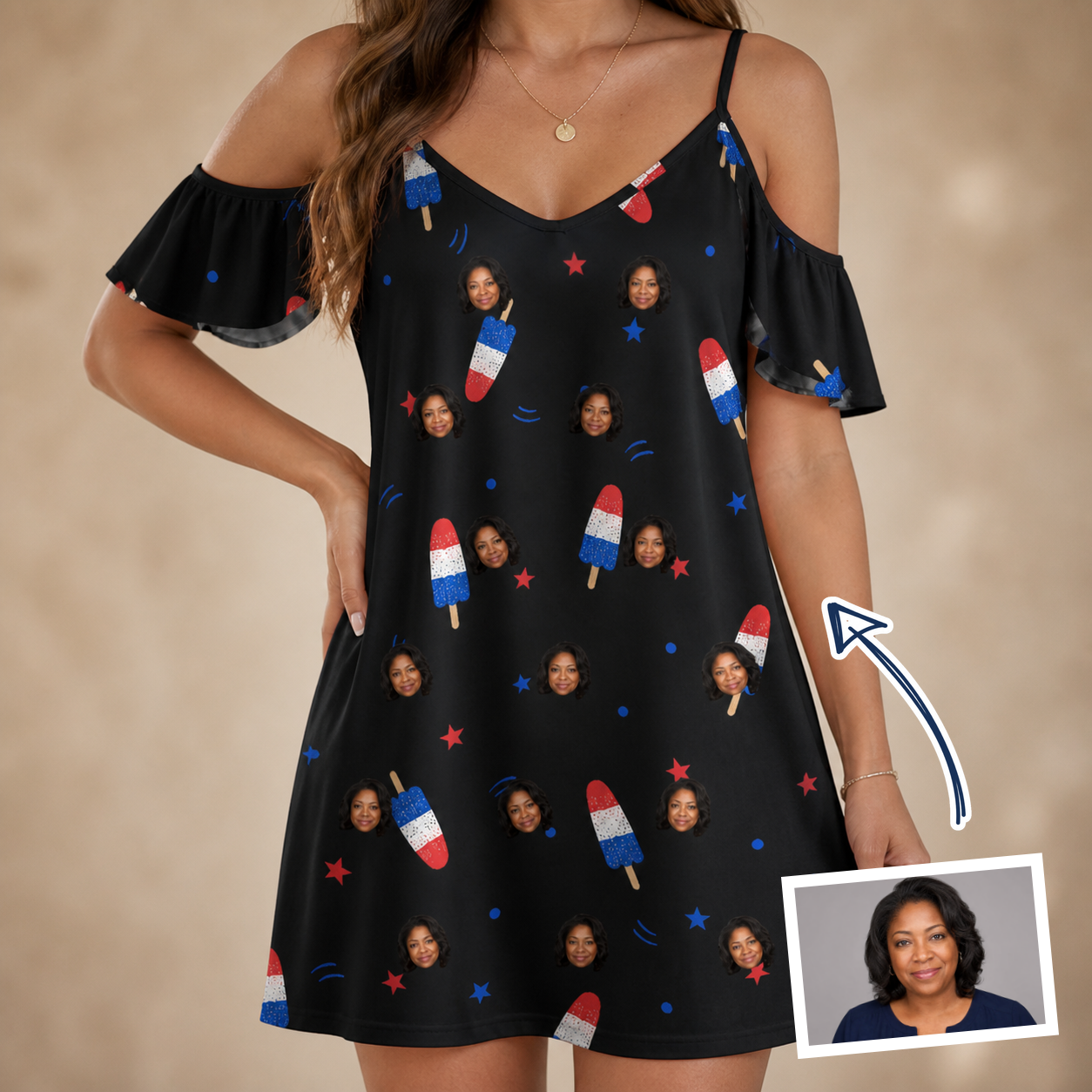 Woman wearing Women's Starsicle Swirl Custom Face Off-Shoulder Dress — custom faces printed all-over
