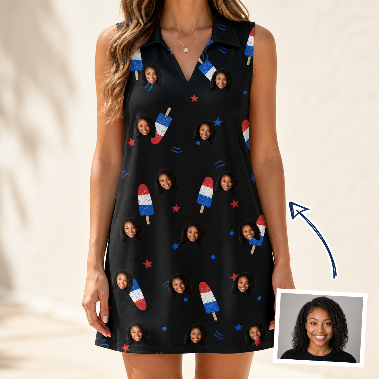 Woman wearing Women's Starsicle Swirl Custom Face V-Neck Dress — custom faces printed all-over