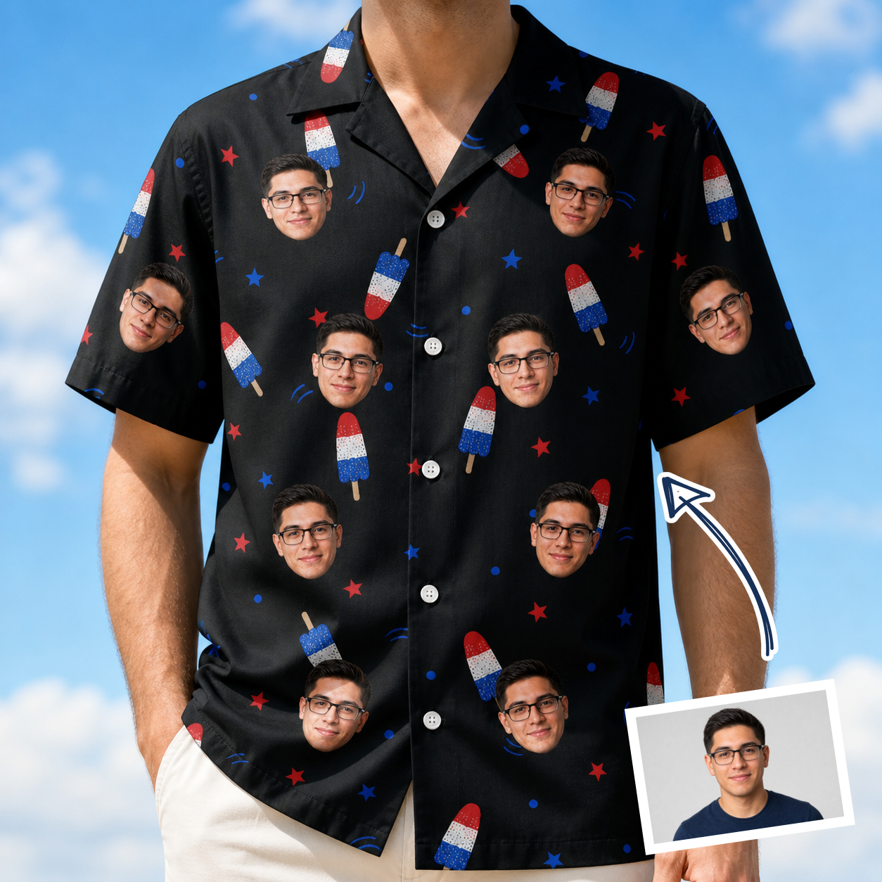 Man wearing Men's Starsicle Swirl Custom Face Hawaiian Shirt — custom faces printed all-over