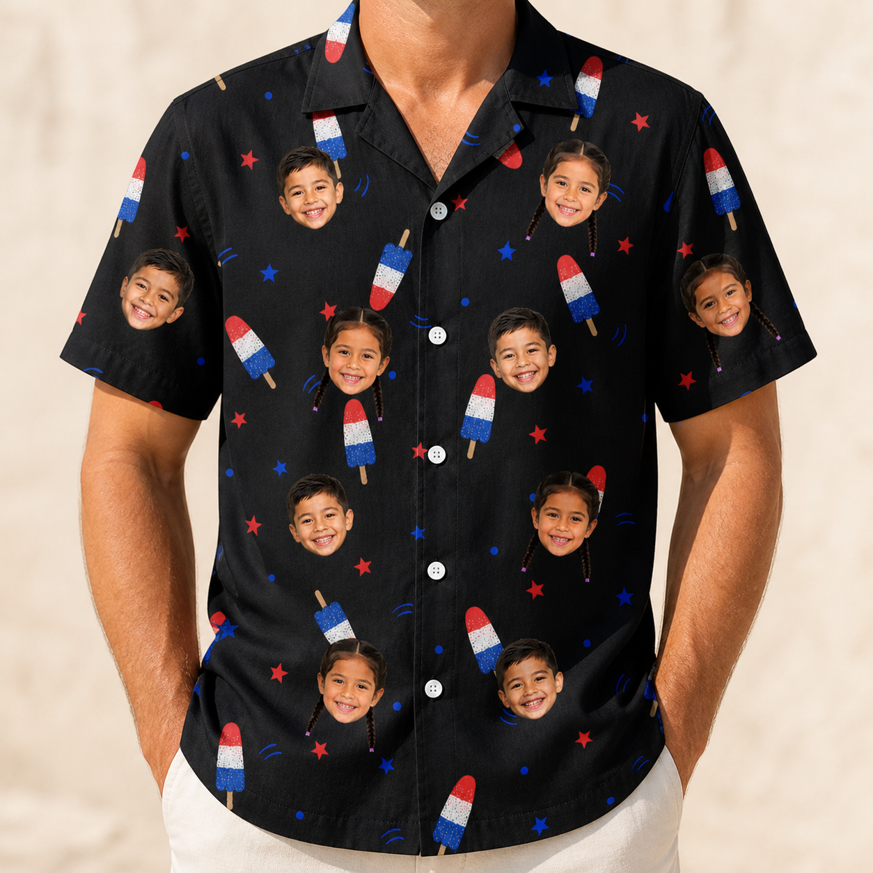Model wearing Men's Starsicle Swirl Custom Face Hawaiian Shirt printed with kids' faces