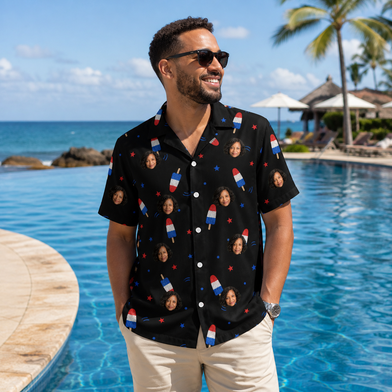 Real-life photo of someone wearing Men's Starsicle Swirl Custom Face Hawaiian Shirt — custom faces printed all-over