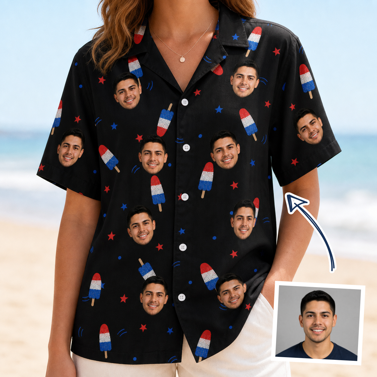 Woman wearing Women's Starsicle Swirl Custom Face Hawaiian Shirt — custom faces printed all-over
