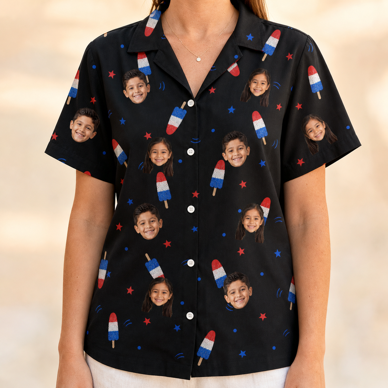 Model wearing Women's Starsicle Swirl Custom Face Hawaiian Shirt printed with kids' faces