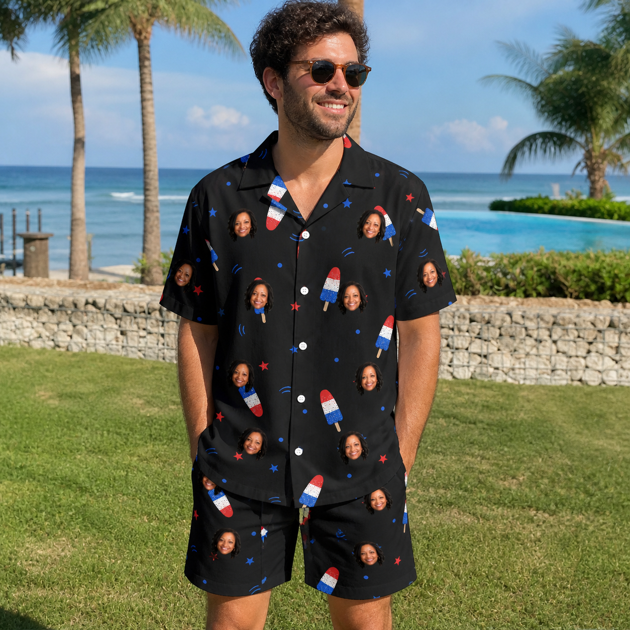 Real-life photo of someone wearing Men's Starsicle Swirl Custom Face Shirt & Shorts Set — custom faces printed all-over
