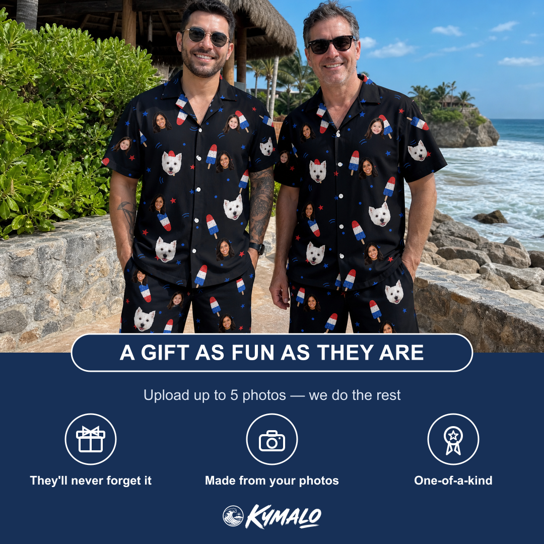 Friends in matching Men's Starsicle Swirl Custom Face Shirt & Shorts Set — a group gift photo