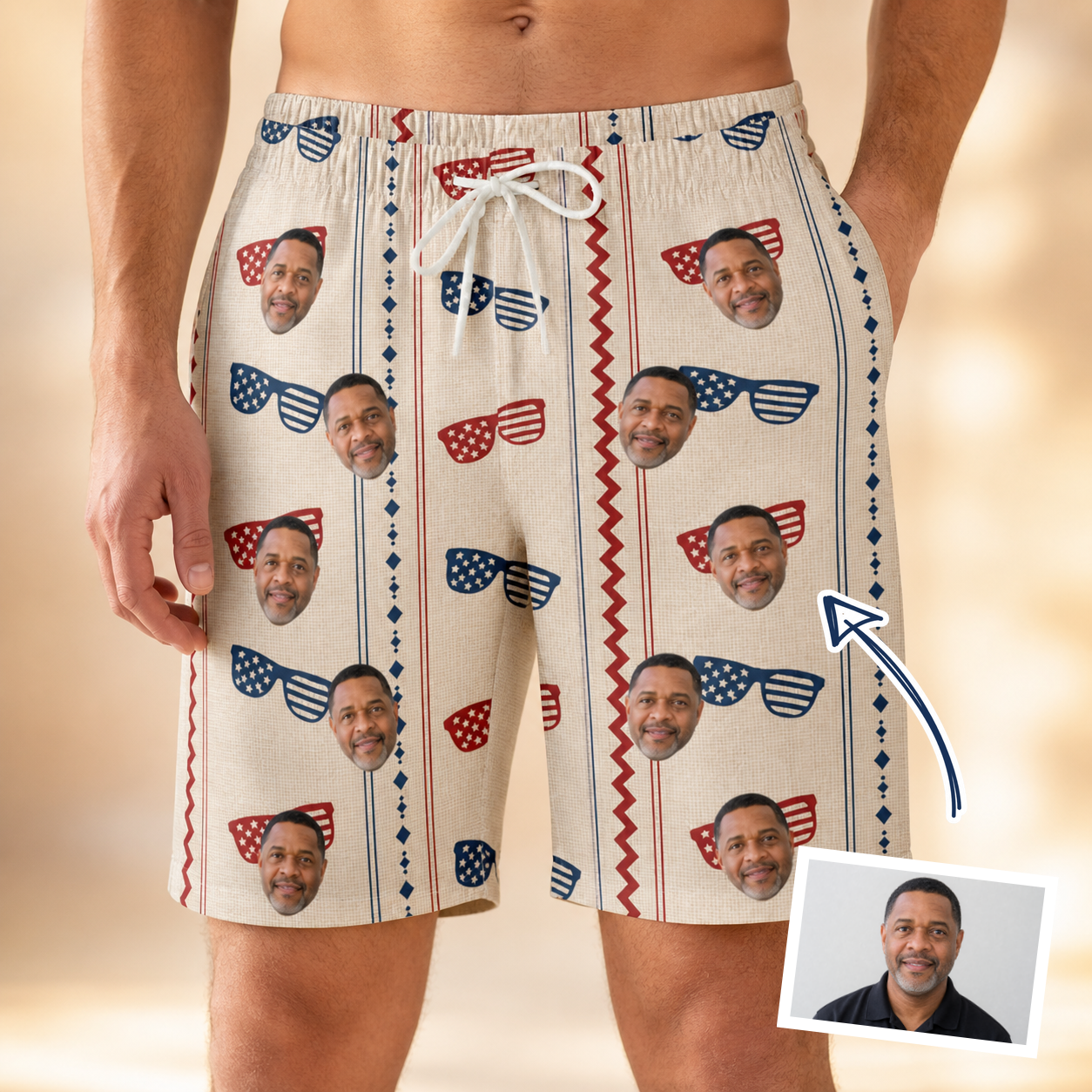 Man wearing Men's Firework Frames Custom Face Beach Shorts — custom faces printed all-over