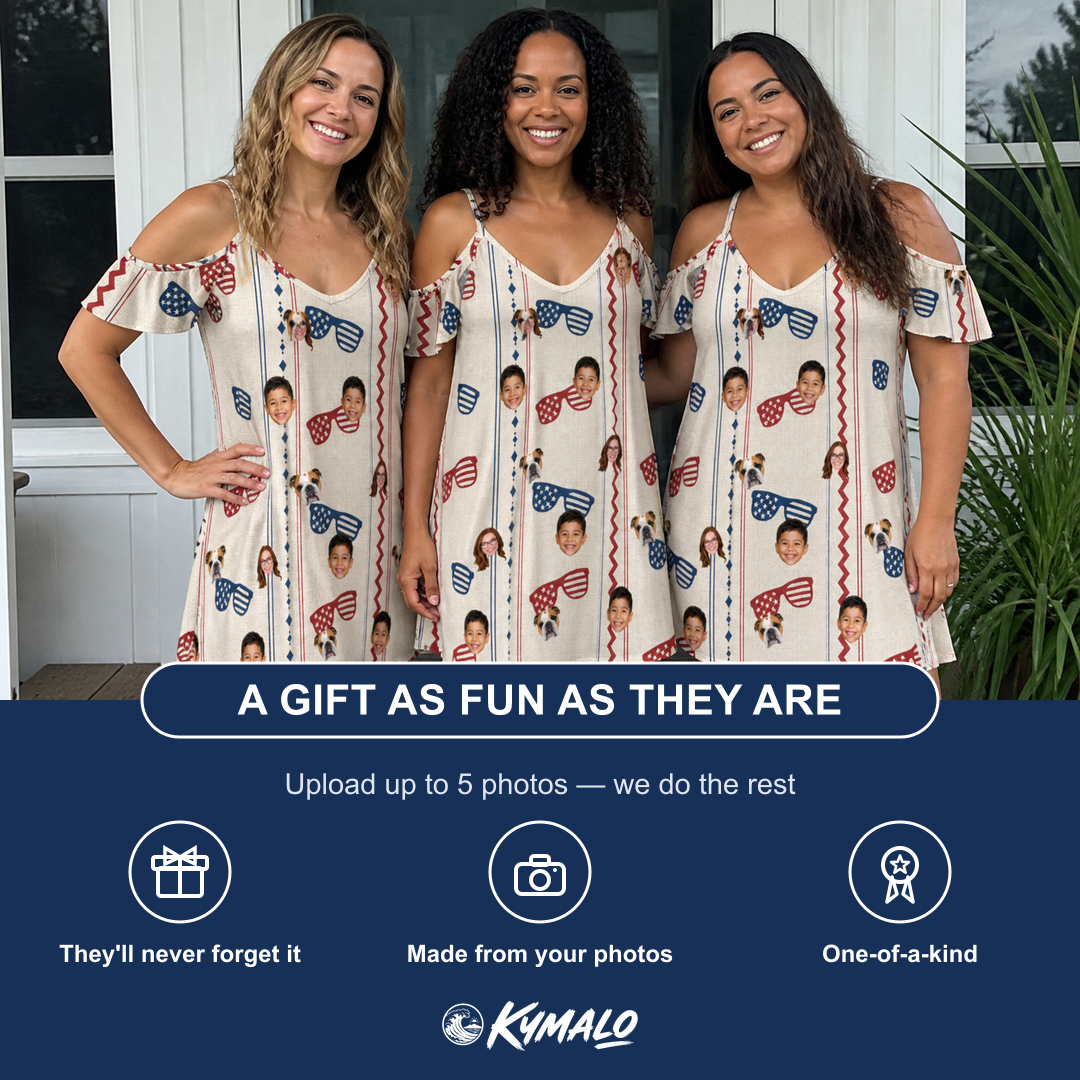 Friends in matching Women's Firework Frames Custom Face Off-Shoulder Dress — a group gift photo