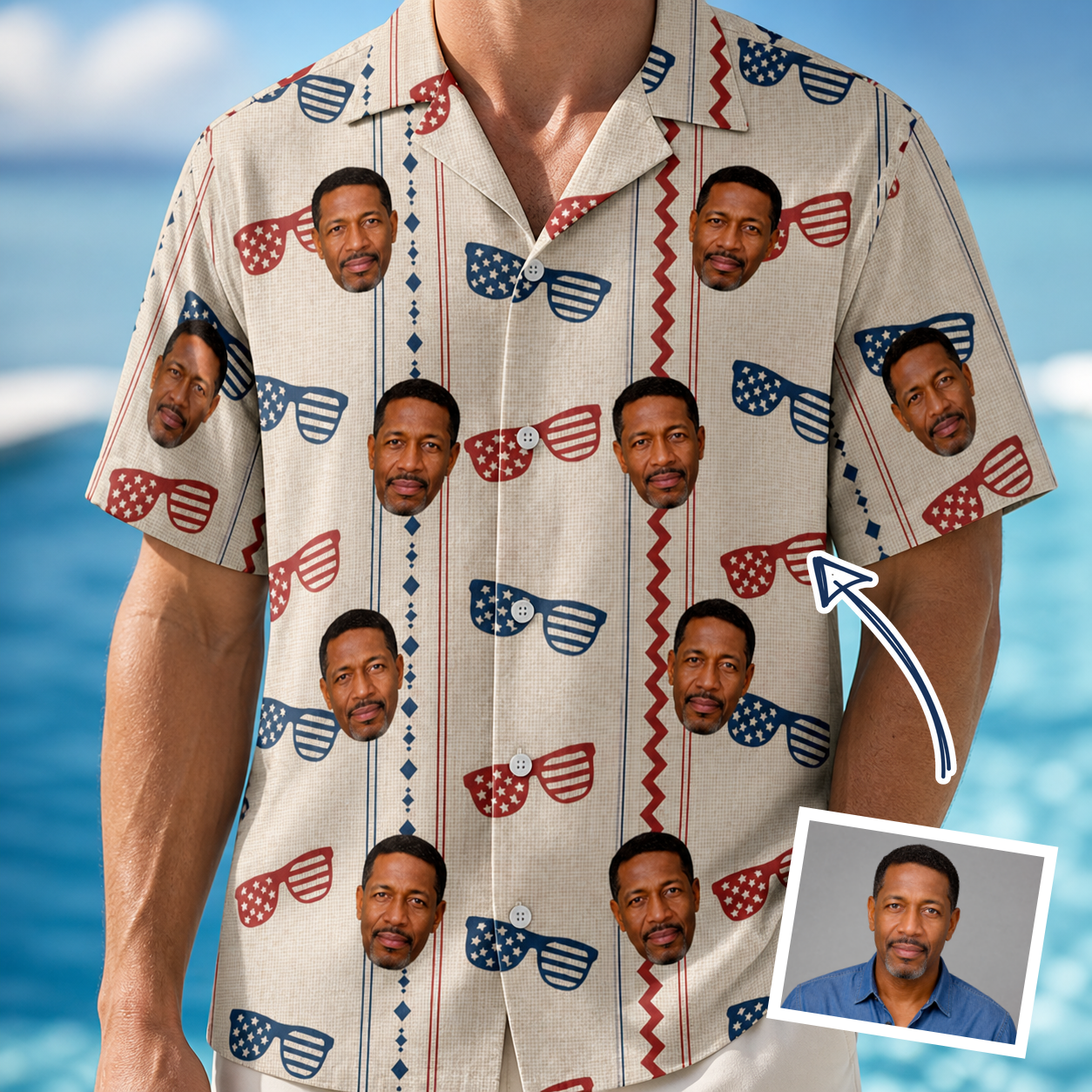 Man wearing Men's Firework Frames Custom Face Hawaiian Shirt — custom faces printed all-over