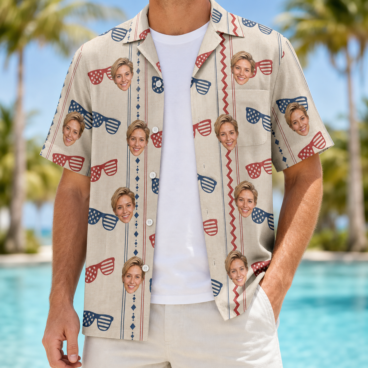 Man wearing Men's Firework Frames Custom Face Hawaiian Shirt open over a white tee
