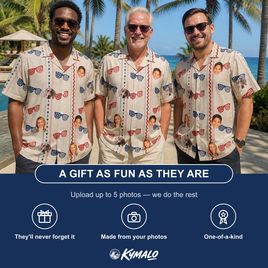 Friends in matching Men's Firework Frames Custom Face Hawaiian Shirt — a group gift photo