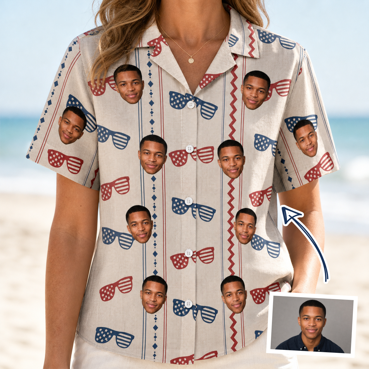 Woman wearing Women's Firework Frames Custom Face Hawaiian Shirt — custom faces printed all-over