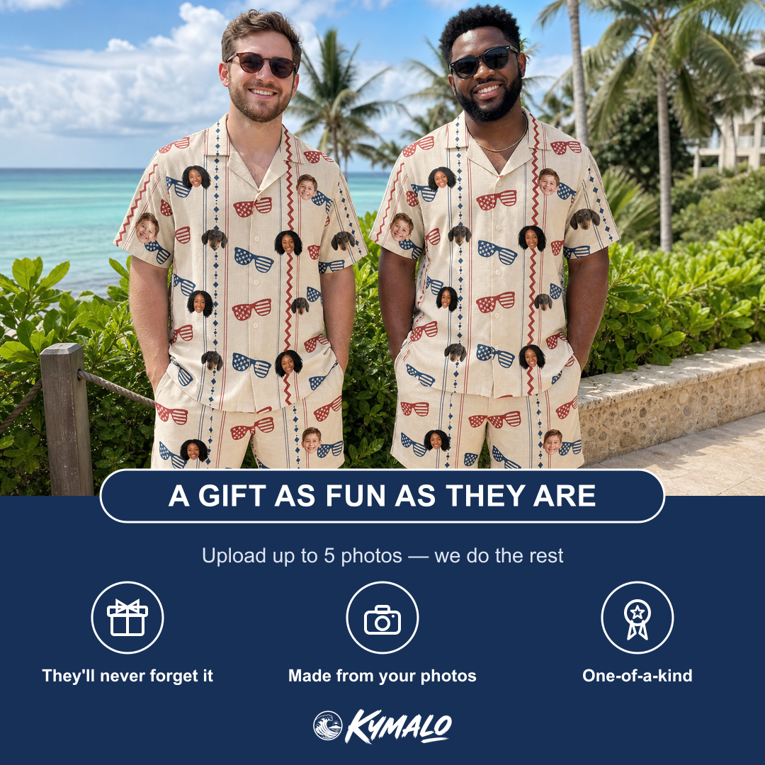 Friends in matching Men's Firework Frames Custom Face Shirt & Shorts Set — a group gift photo