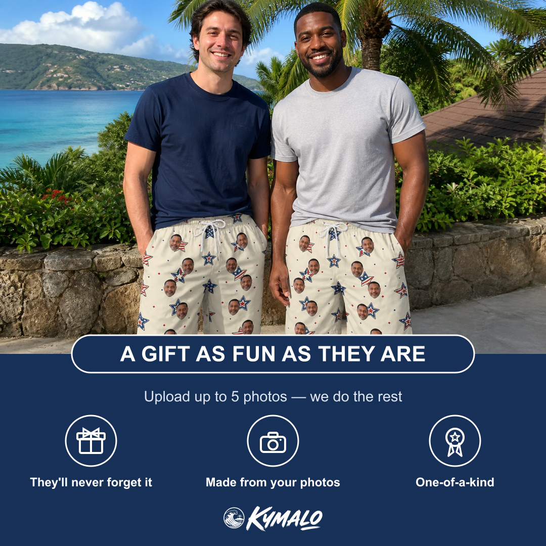 Friends in matching Men's Fourth Fizz Custom Face Beach Shorts — a group gift photo