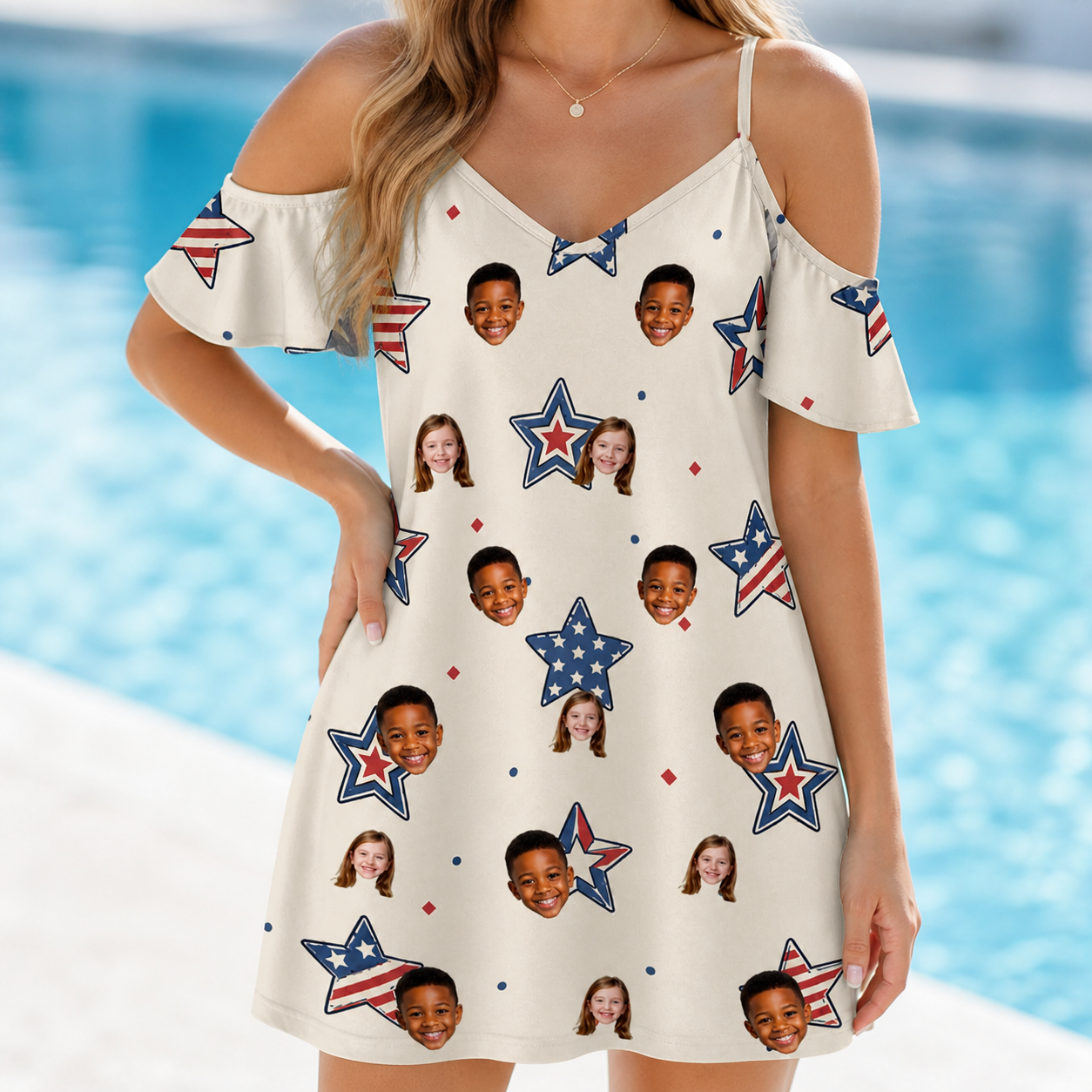Model wearing Women's Fourth Fizz Custom Face Off-Shoulder Dress printed with kids' faces