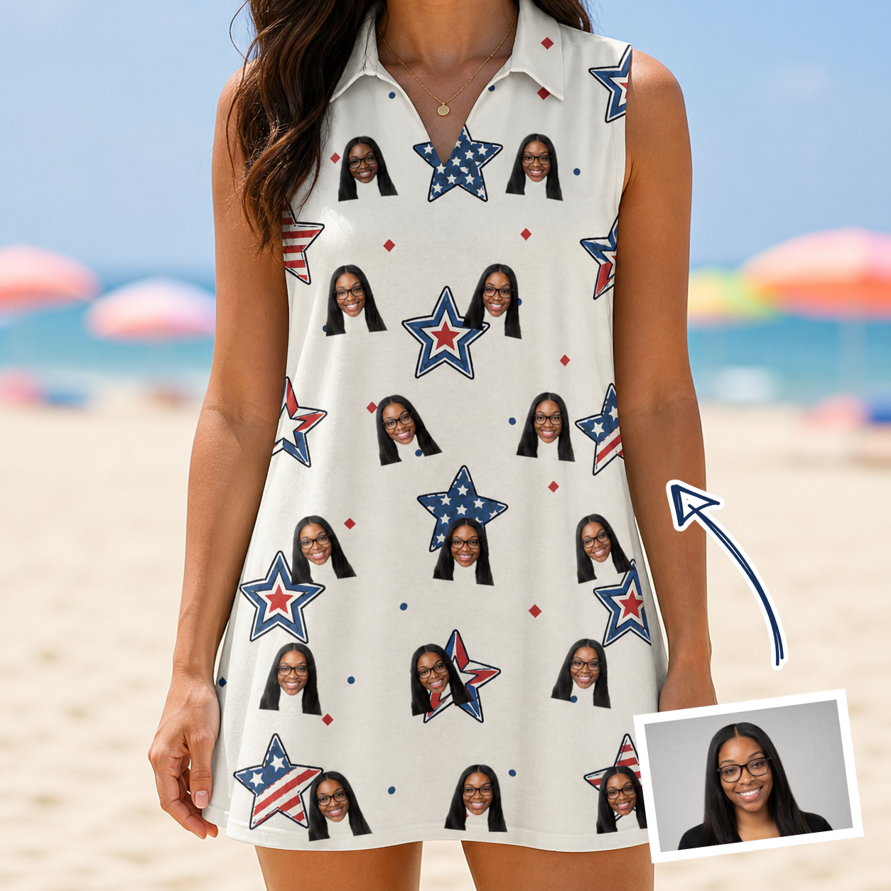 Woman wearing Women's Fourth Fizz Custom Face V-Neck Dress — custom faces printed all-over