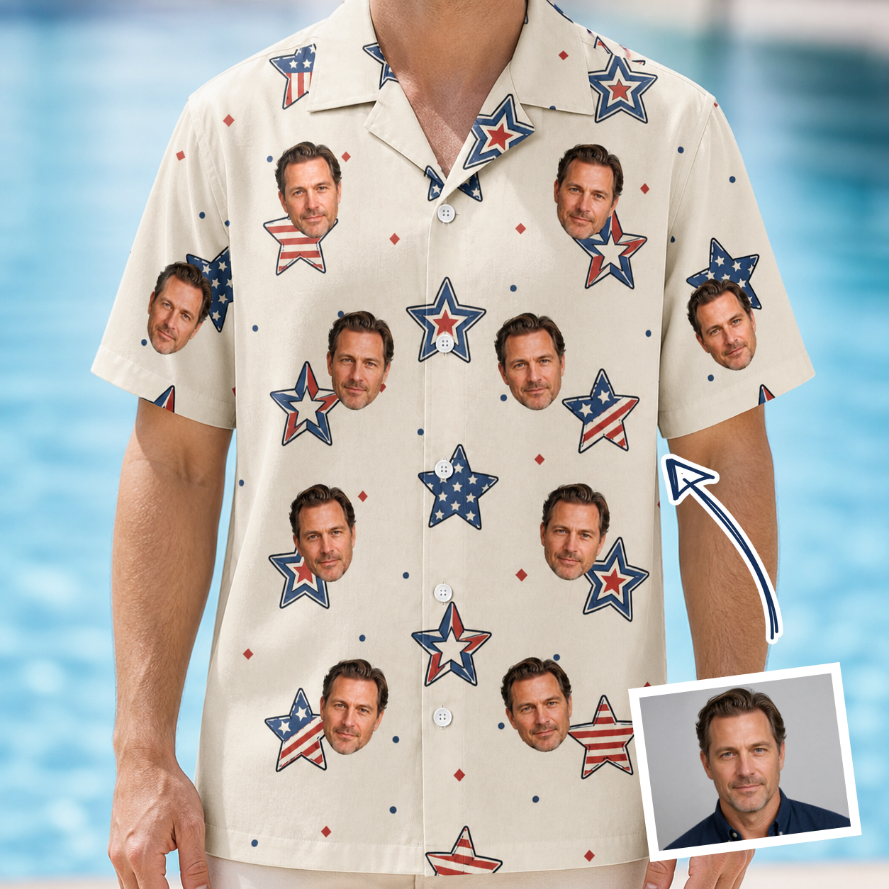 Man wearing Men's Fourth Fizz Custom Face Hawaiian Shirt — custom faces printed all-over