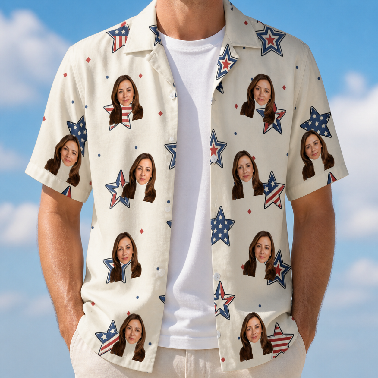 Man wearing Men's Fourth Fizz Custom Face Hawaiian Shirt open over a white tee