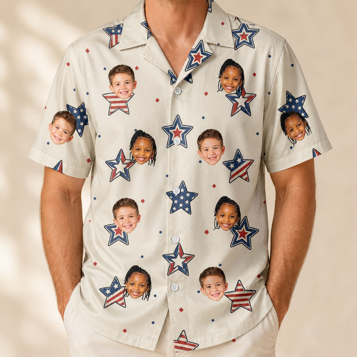 Model wearing Men's Fourth Fizz Custom Face Hawaiian Shirt printed with kids' faces
